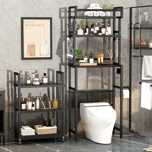 Recaceik 6-Tier Over The Toilet Storage Shelf with Cart, Freestanding Above Toilet Shelf Rack, Farmhouse Bathroom Organizer Shelves, Space Saver (Black) - Image 5