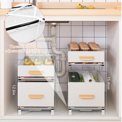 Pull Out Under Sink Organizer with Sliding Shelves, Adjustable Height (12.6–15.4"), 2 Tier Under Cabinet Storage Rack, Foldable Kitchen Sink Organizer for Bathroom and Kitchen Storage, White - Image 2
