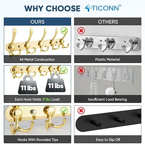 TICONN Wall Mounted Coat Rack, Five Heavy Duty Tri Hooks All Metal Construction for Jacket Coat Hat in Mudroom Entryway (Gold, 1-Pack) - Image 3