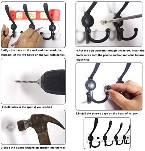 WEBI Coat Rack Wall Mounted,5 Coat Hooks for Hanging Coats,Heavy Duty Metal Double Hook Rack Hook Rail Wall Coat Rack with Hooks Coat Hanger Wall Mount for Clothes Entryway Jacket,Black - Image 5