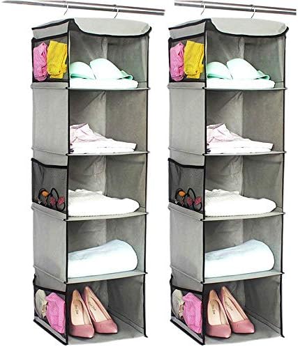 BrilliantJo 5 Shelves Hanging Closet Organizer, 2 Pack Hanging Storage with 6 Side Pockets for Clothes Bags, 43"x12"x12"(Gray) by BrilliantJo