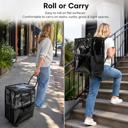 Rolling Grocery Bag with Wheels, 67L Foldable Shopping Cart Bag with Wide Shoulder Straps, 5 Detachable Wheels, Buckle Storage Strap, Large Reusable Utility Tote for Groceries(Black, Medium) - Image 2