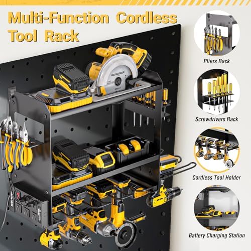 YYR Power Tool Organizer Wall Mount with Charging Station, Cordless Tools Hanger and Battery Storage Rack for Garage Organization, Heavy Duty Drill Holder Shelf Build in Metal Power Strip - Black - Image 6