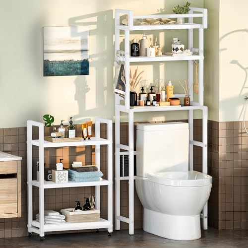 Recaceik 6-Tier Over The Toilet Storage Shelf with Cart, Freestanding Above Toilet Shelf Rack, Farmhouse Bathroom Organizer Shelves, Space Saver (White) by Recaceik