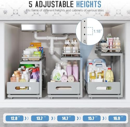 Under Sink Organizer Upgrade To Professional Rails,2-Tier Dual Pull Out Cabinet Storage,Height Adjustable Slide Out Drawers For Bathroom Kitchen,2 Pack-16.7"Dx12.8"-16.9"H,Gun Gray - Image 6