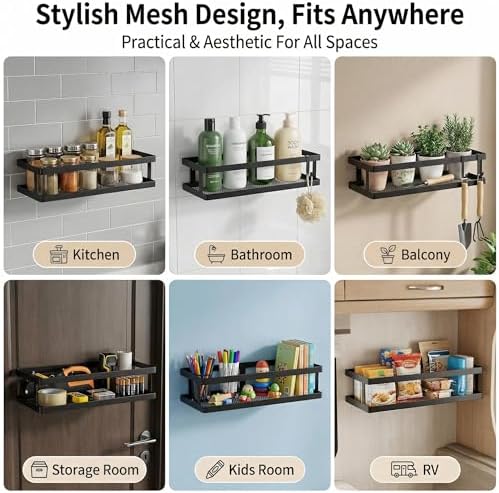 PUSDON 2-Pack Minimalist Shower Caddy Wall Mount, Open Frame Bathroom Shelf Organizer with Mesh Base, Rustproof Floating Spice Rack for Kitchen, Holds 50 LBS, 4 Hooks - Matte Black, Guardrail - Image 4
