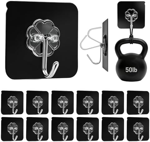 DDMY Black Heavy Duty Adhesive Hooks 2026 Upgraded 50lbs（Max） Sticky Wall Hooks for Hanging 12 Pack No Damage Hook Strong Waterproof Bathroom, Kitchen, Shower,Ceiling, Office and Outside Decor Hanger by DDMY