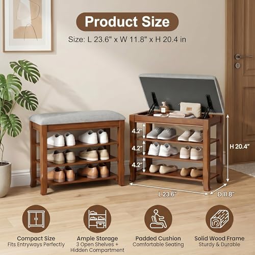 Solid Wood Shoe Rack Bench with Storage, Flip-Top Soft-Close Lid, 23.6" - Image 2
