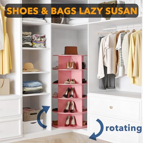 SpaceAid 5 Tier Rotating Shoe Rack Tower, Spinning Shoe Display Lazy Susan, Revolving 360 Shoe Rack Storage Round Carousel, Vertical Handbag Rotate Shoes Closet Organization (5-Tier Pink) - Image 4