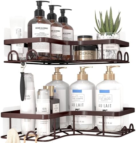 Sakugi Corner Shower Caddy - 2 Pack, Adhesive Shower Organizers, Rustproof Stainless Steel Shower Shelves with 8 Hooks, No Drilling Bathroom Organizers and Storage Racks, Space-Saving, Brown, Medium - Image 3
