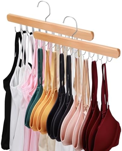 NECAMOCU 2 Pack Bra Hanger for Closet Organizer, Premium Tank Top Hangers | Wooden Bra Holder with 36 Foldable Hooks, 360° Rotating Design, Space Saving Storage for Tank Tops, Bras, Belts, and More by NECAMOCU