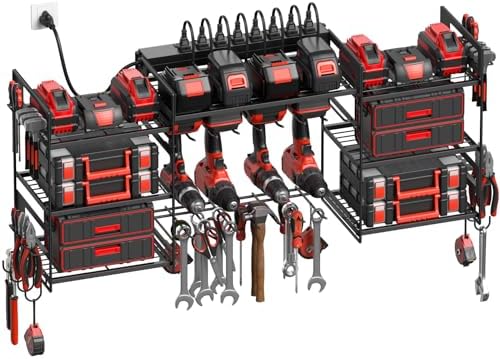 CCCEI Black Power Tool Organizer Wall Mount, Large Tools and Battery Storage Rack Charging Station Individual Switches. Drills Holder, Garage Utility Shelves with 6FT Power Strip. Gift for Men. by CCCEI