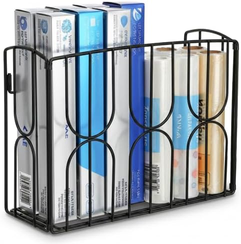 DEAYOU Kitchen Wrap Organizer Rack Wall Mount, Cabinet Door Storage Basket, Sturdy Metal Aluminum Foil Holder for Sandwich Bag, Wax Paper, Plastic Wrap, Food Bag, Cutting Boards, Black by DEAYOU