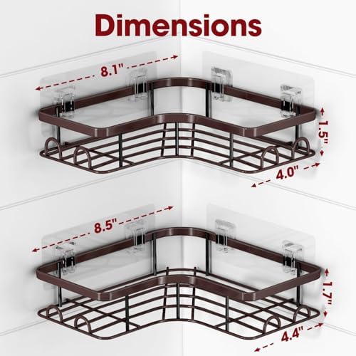 Sakugi Corner Shower Caddy - 2 Pack, Adhesive Shower Organizers, Rustproof Stainless Steel Shower Shelves with 8 Hooks, No Drilling Bathroom Organizers and Storage Racks, Space-Saving, Brown, Medium - Image 2