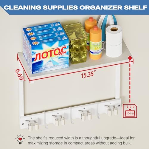 Olakee Broom Holder Wall Mount with Cleaning Supplies Organizer, Laundry Room Organization and Storage Shelves, Mop Hanger Rack with Hooks, Utility Shelf Closet Organizer for Garage Home Improvement - Image 4