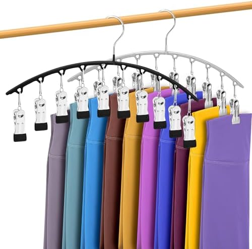 Legging Organizer for Closet, Metal Yoga Pants Hangers 2 Pack w/10 Clips Holds 20 Leggings, Space Saving, Clips Hanger for Pants, Shorts, Scarf, Hats (Black+Grey) by InPoTo