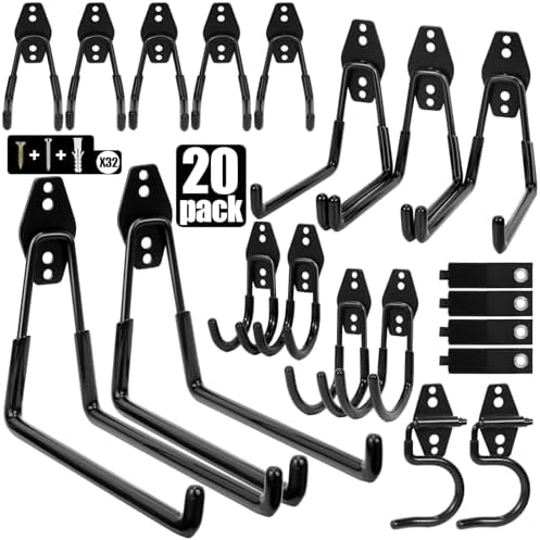 Heavy Duty Garage Hooks Storage, Anti-Slip Steel Wall Mount Multi-Size Utility Hangers Organizer for Ladders, Bikes, Garden Tools, Hose with 32 Screws Hardware Kit (Black, 20 Pack) by Unknown