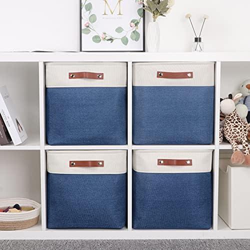 Temary Blue Storage Baskets for Shelves 13 Inch Cube Storage Bins 4Pack Fabric Cubes Basket with Handles for Organizing Shelf Baskets for Home Office Closet (White&Blue) - Image 4