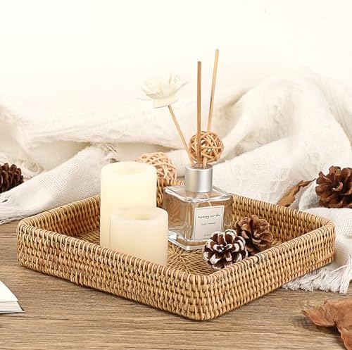 Hipiwe Key Basket Bowl for Entryway Table Rattan Serving Tray, 8.1" x 8.1" - Image 2
