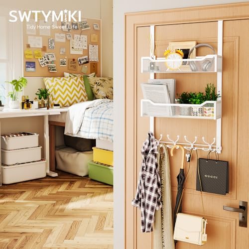 SWTYMIKI Over The Door Hook with 16 Hooks & 2 Mesh Baskets - Heavy Duty Over The Door Organizer Hanger for Towels, Coats, Clothes - Space Saving Hanging Rack for Bathroom, Living Room, White - Image 4