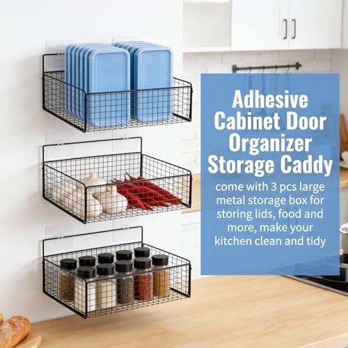 3 Pack Self Adhesive Cabinet Door Organizer - Metal Inside Cabinet Lid Storage Holder Wall Mounted Pantry Door Caddy for Kitchen Bathroom Pantry Under Sink - Image 4