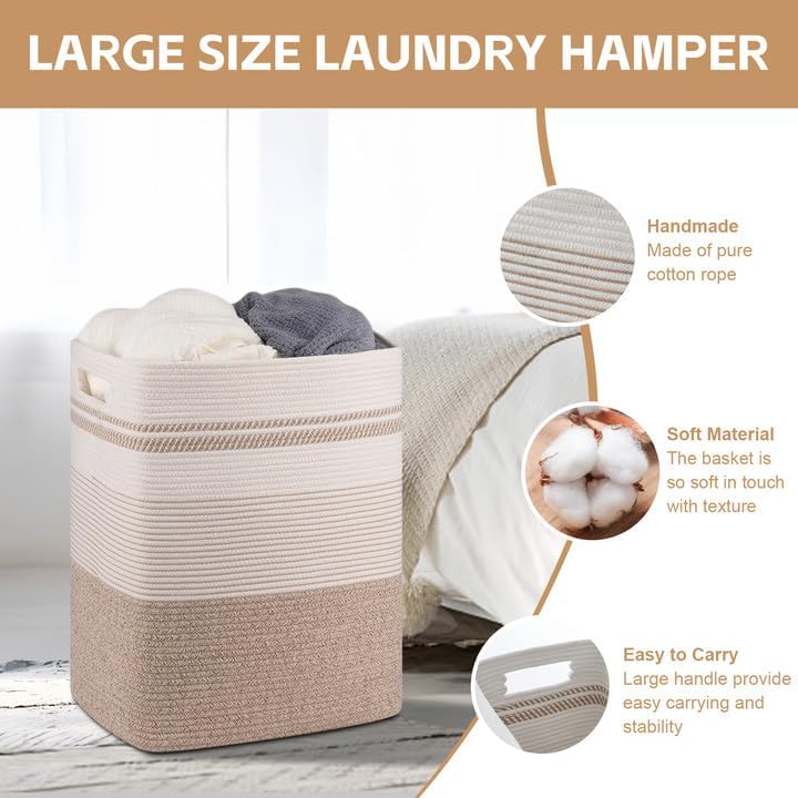 80L Large Cotton Rope Laundry Basket for Bedroom & Laundry Room, Tall Clothes Hamper with Sturdy Handles, Neutral Storage Bin Capable of Holding Blankets and Toys - Image 3