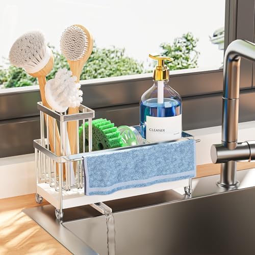 Cisily Sponge Holder for Kitchen Sink, Sink Caddy Organizer with High Brush Holder, Kitchen Countertop Organizers and Storage Essentials, Rustproof 304 Stainless Steel (Silver with Towel Rack, 9.25″) by CISILYHOMELIFE