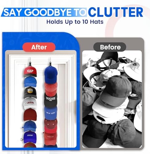 Hat Organizer for Baseball Caps, Over the Door Hat Rack with 10 Display Hooks and Hanger, 2-Way Hanging Hat Storage and Hat Holder for Bedroom, Entryway or Garage Doors – 1 Pack - Image 5
