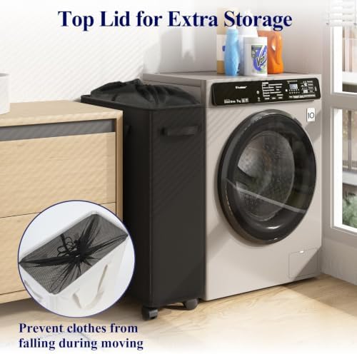 Optish Slim Laundry Basket with Wheels, Black Rolling Hamper for Clothes - Image 5