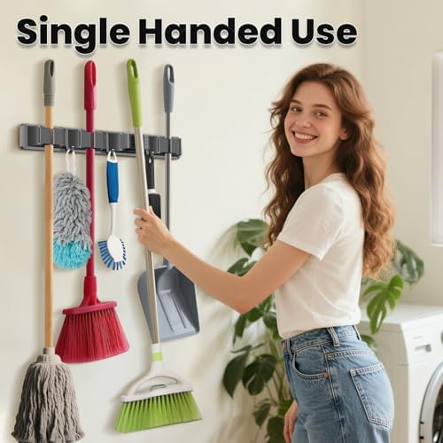 Broom Holder Wall Mount, Mop and Broom Hanger Wall Mount for Organizing and Storing Items in Household Kitchens, Gardens, Laundries (4 Racks & 3 Hooks, Grey) - Image 2