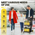 8-in-1 200LBS Collapsible Shopping Cart, Multi Functional Utility Cart with 2 Storage Baskets,Adjustable Handle Grocery Cart on Wheels for Shopping, Warehouse, Home, Supermarket - Yellow - Image 2