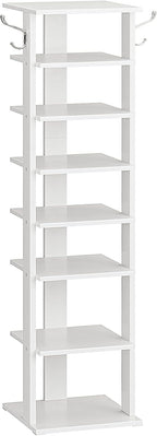 HOOBRO 8 Tiers Vertical Shoe Rack, Wooden Shoe Storage Organizer with Hooks, Narrow Shoe Tower for 8 Pairs, Space Saving, for Entryway, Living Room, Bedroom, White WT07XJ01G1 by HOOBRO