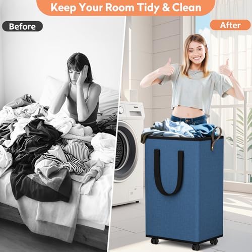 SpaceTrove Rolling Laundry Basket with Wheels, Laundry Hamper, 80L, Navy - Image 4