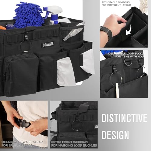 SCAVATA Wearable Cleaning Caddy Bag, Supplies Organizer with Handle & Shoulder Straps for Housekeepers, Under Sink & Car Cleaning Tool Organizer with 4 Foldable Dividers (Black) - Image 3