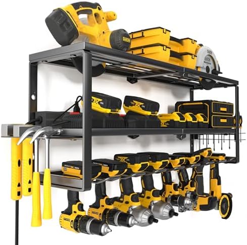 YYR Heavy Duty Power Tool Organizer with Charging Station, Cordless Drill Hanger Storage Rack, Battery Tools Holder Wall Mount Shelf for Garage - 32 Inch Equipped with Surge Protection Power Strip by YYR