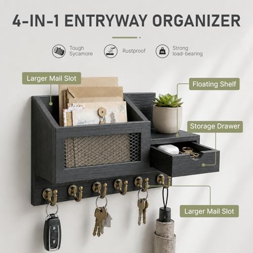 FifthQuarter Key Hooks for Wall with Drawer and 6 Sturdy Key Hooks, B-Black - Image 5