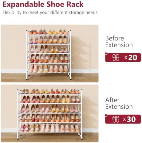 Tajsoon Expandable Shoe Rack for Closet 5 Tier, 28“-41“Stackable, White - Image 7