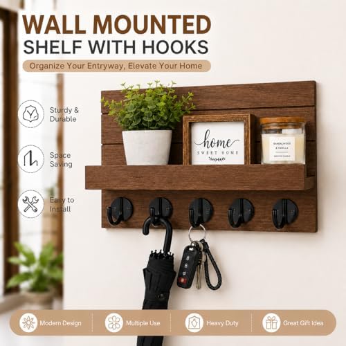 Key Holder for Wall, Decorative Key and Mail Holder, Key Holder Wall Mount with Shelf and Large Hooks, Easy Installation Key Rack for Entryway and Home Decor - Image 2