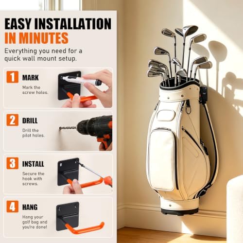 TOBWOLF Golf Bag Wall Mount, 66lbs Capacity Garage Storage Racks, 2/4 Pack - Image 4