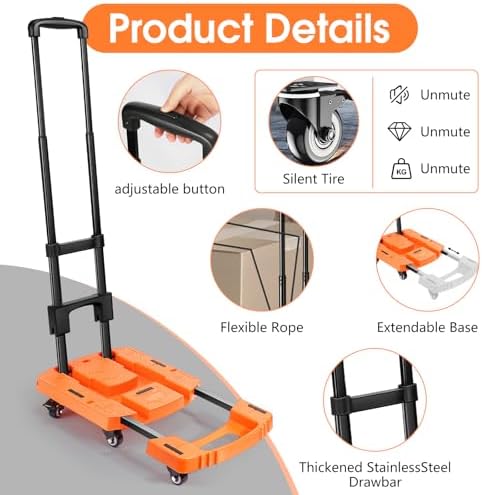 Voipvvii Folding Hand Truck500lbs, Portable Heavy Duty Dolly Cart, 6 Wheels Collapsible Luggage Cart with 2 Elastic Ropes - Compact Trolley Cart for Easy Moving - Ideal Hand Cart for Travel and More - Image 3