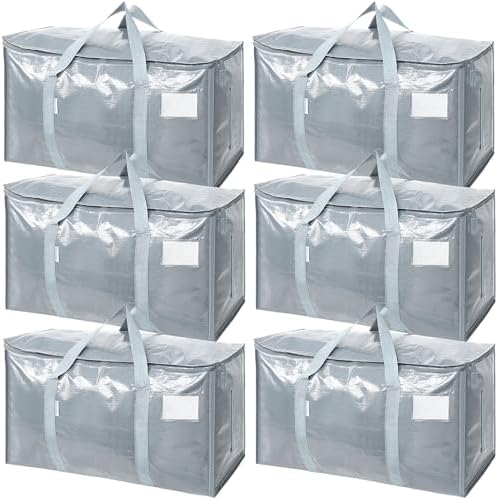 TICONN 6 Pack Extra Large Moving Bags Heavy Duty with Zippers & Carrying Handles, Durable Storage Bags Moving Boxes for Closet Organizers and Storage (6 Pack, Light Grey) by TICONN