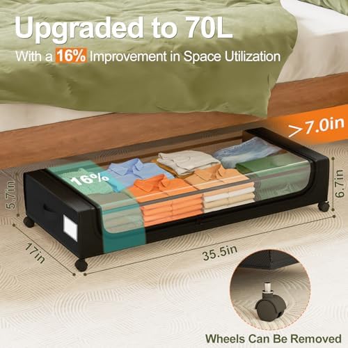 GoMaihe Under Bed Storage with Wheels 70L Black 2-Pack | Rolling Rangement Vetement sous le Lit - Containers for Clothes Shoes in Bedroom - Easy Pull-out - Image 2