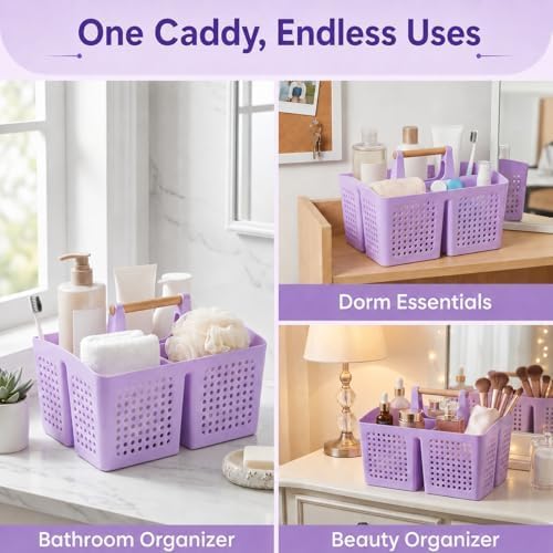 Portable Shower Caddy Basket with 3 Compartments and Handle, Purple - Image 4
