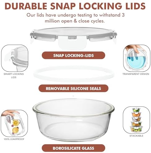 Razab 30 PC Glass Food Storage Containers with Lids - Reusable Glass Meal Prep Containers for Lunch and Leftovers - Airtight & Leakproof Snap Locking Lids - Oven, Freezer, Microwave, Dishwasher Safe - Image 3