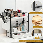 2-Tired Bathroom Counter Organizers and Storage, Bathroom Countertop Organizer with Drawer, Solid Wood Skincare Perfume Organizer for Vanity Kitchen Corner Shelf Office Countertop (White) - Image 5