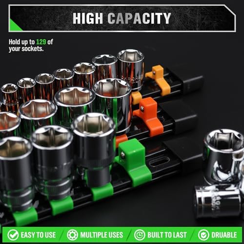 SWANLAKE Organizer Socket Holder, 9PCS 1/4-Inch x 48 Clips, 3/8-Inch x 45 Clips, 1/2-Inch x 36 Clips, Premium Quality Socket Clip Rail Holder - Image 3