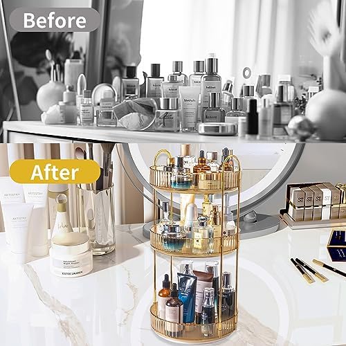 Asayuee 360 Rotating Makeup Organizer for Vanity,3 Tier Large Capacity Vanity Storage,Skincare Perfume Spinning Organizer,Bathroom Cosmetics Storage Makeup Stand Organizer (Gold-3 Tier) - Image 5