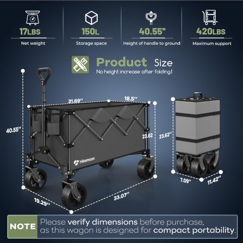 HIKEMOON 150L Collapsible Wagon Compact with Big Wheels, 420LBS Grey - Image 3
