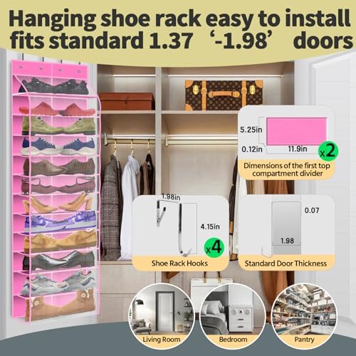 PAULONE 12 Pocket Over the Door Shoe Organizer,Reusable Breathable Large Mesh Bag Men's & Women's Sneaker Organizer,Shoe Organizer for Kids,Hanging Shoe Storage Hanging Bag (Pink) - Image 5