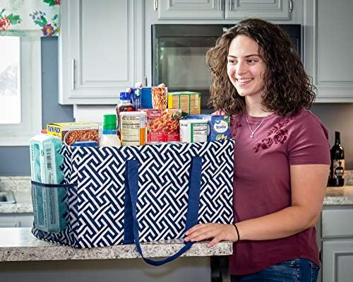 Extra Large Utility Tote Bag - Oversized Collapsible Reusable Wire Frame Rectangular Canvas Basket With Two Exterior Pockets For Beach, Pool, Laundry, Car Trunk, Storage - Geo Navy Blue - Image 2